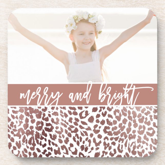 Merry and Bright Leopard Print Foto Holiday Getränkeuntersetzer (Vorderseite)