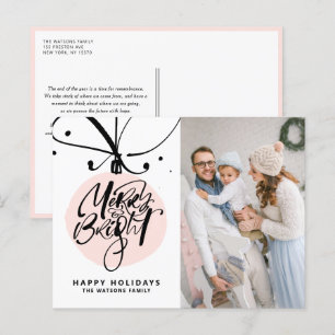 Merry and Bright Lettering Pink Ornament Foto Feiertagspostkarte