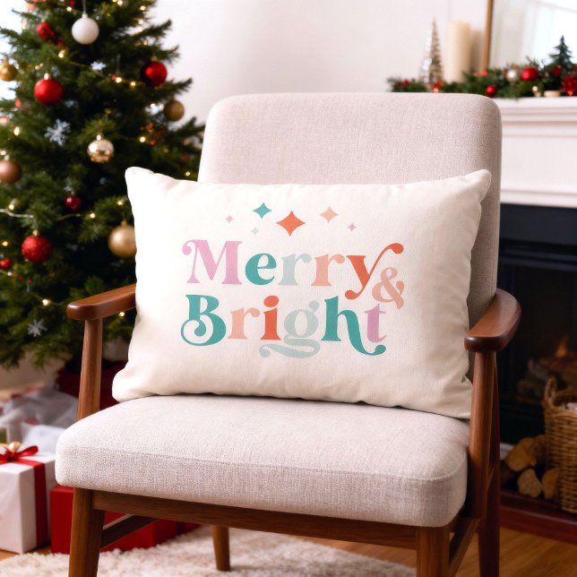Merry and Bright Modern Colorful Christmas  Lendenkissen (modern, retro "merry and bright" Christmas throw pillow)