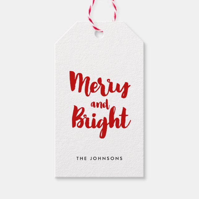 Merry and Bright Modern Red and White Geschenkanhänger (Vorderseite)