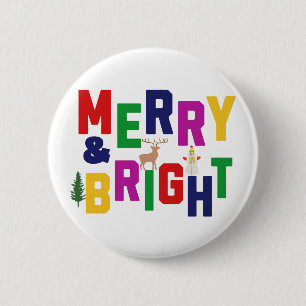 Merry and Bright Pine Tree Rentier Snowman Button