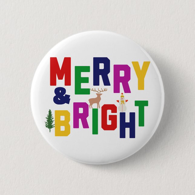 Merry and Bright Pine Tree Rentier Snowman Button (Vorderseite)