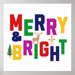 Merry and Bright Pine Tree Rentier Snowman Poster