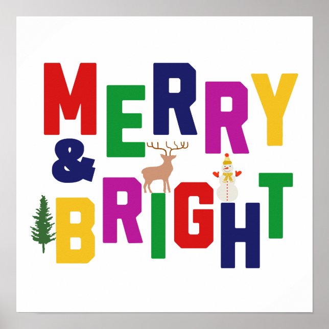 Merry and Bright Pine Tree Rentier Snowman Poster (Vorne)