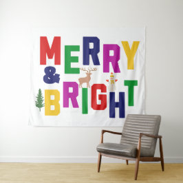 Merry and Bright Pine Tree Rentier Snowman Wandteppich