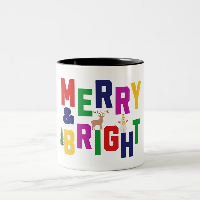 Merry and Bright Pine Tree Rentier Snowman Zweifarbige Tasse (Mittel)