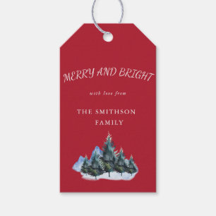 Merry and Bright, Pine Trees Red Holiday Geschenkanhänger