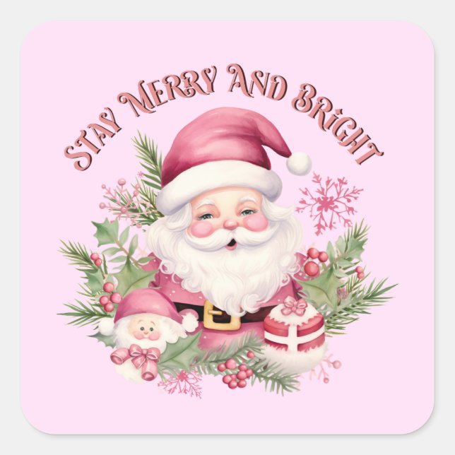 Merry and Bright - Pink Santa Quadratischer Aufkleber (Vorderseite)