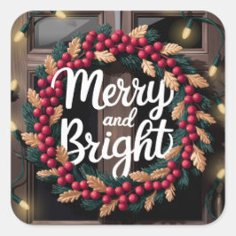 Merry and Bright Red Berry Wreath Weihnachten Quadratischer Aufkleber