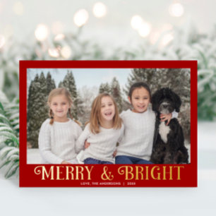 Merry and Bright Red Gold Modern One Foto Folien Feiertagskarte