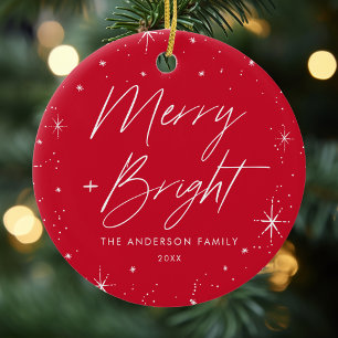 Merry and Bright Red Holiday Foto Keramik Ornament