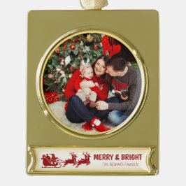 Merry and Bright Santa Sleigh Christmas Photo  Banner-Ornament Gold