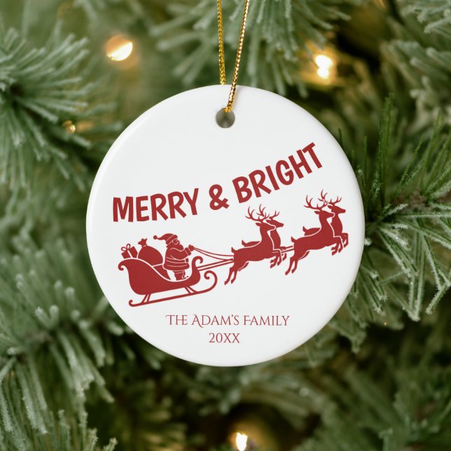 Merry and Bright Santa Sleigh Christmas Photo  Keramik Ornament (Baum)