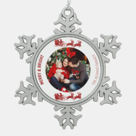 Merry and Bright Santa Sleigh Christmas Photo  Schneeflocken Zinn-Ornament