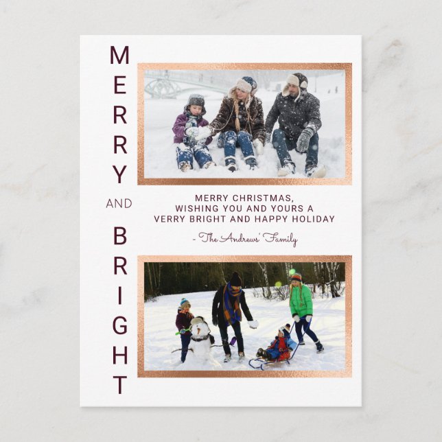 Merry and Bright Simple Burgundy Foto Weihnachten Postkarte (Vorderseite)