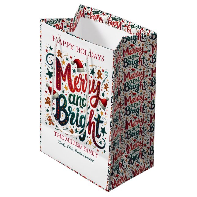 Merry and bright, this colorful, festive Design Mittlere Geschenktüte (Vorderseite Schrägansicht)