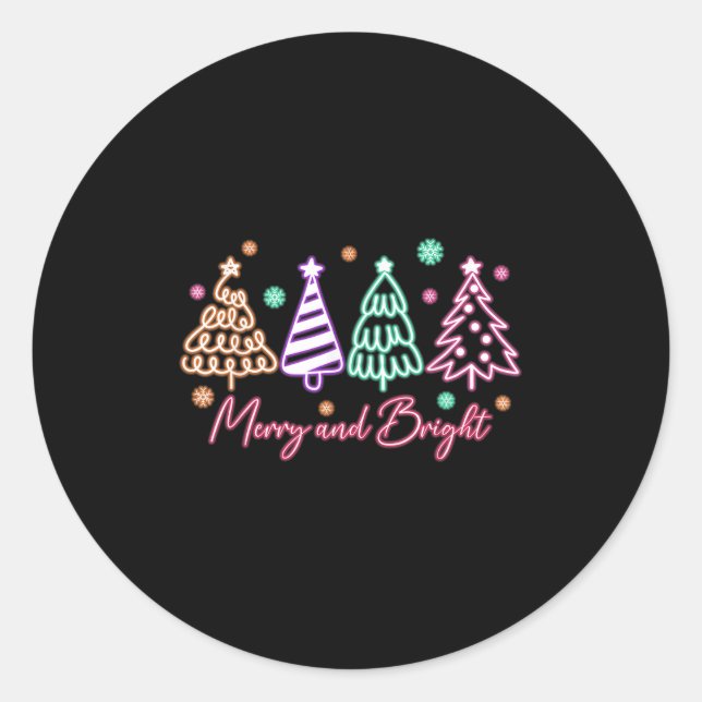 Merry And Bright Tree Neon Christmas  Runder Aufkleber (Vorderseite)