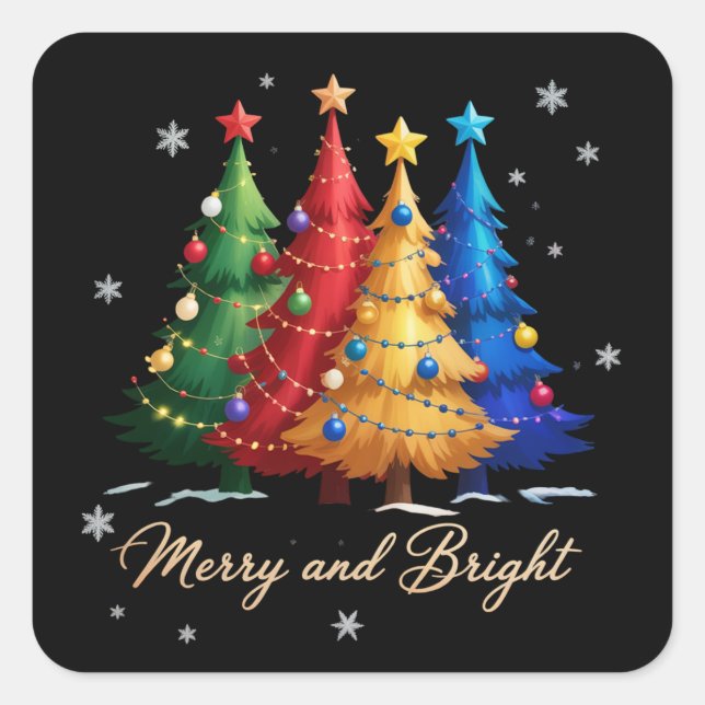 Merry and Bright Trees Christmas Holiday Gift Cute Quadratischer Aufkleber (Vorderseite)