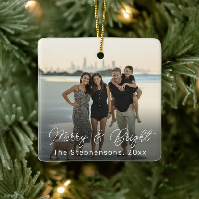 Merry and Bright Typografy Custom Foto Family Keramikornament (Baum)