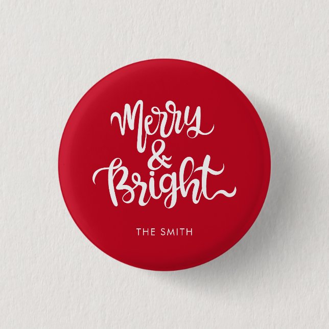 Merry and Bright Typografy Script Red & White Button (Vorderseite)