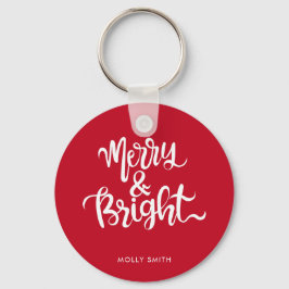 Merry and Bright Typografy Script Red & White Schlüsselanhänger