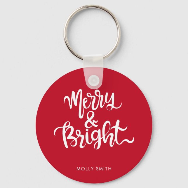 Merry and Bright Typografy Script Red & White Schlüsselanhänger (Vorderseite)