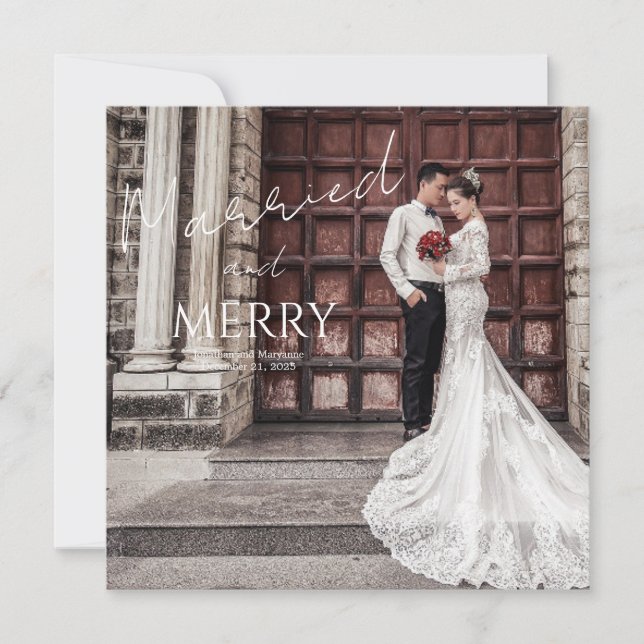  Merry and Married Elegant Photo Wedding Dankeskarte (Vorderseite)