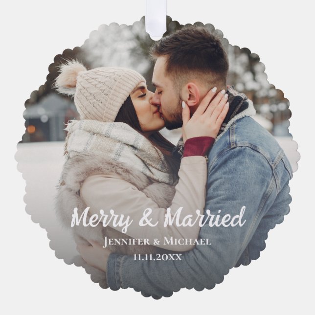 merry and married newlyweds photo simple minimal ornament karte (Vorderseite)
