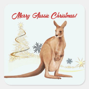 Merry Aussie Christmas Kangaroo Quadratischer Aufkleber