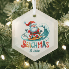 Merry Beachmas Santa Surfing Retro Design Ornament Aus Glas