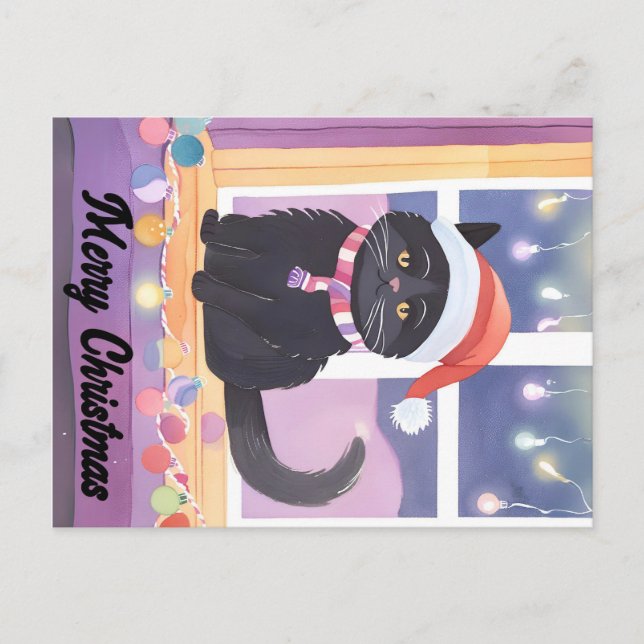 Merry Black Cat Christmas Postkarte (Vorderseite)