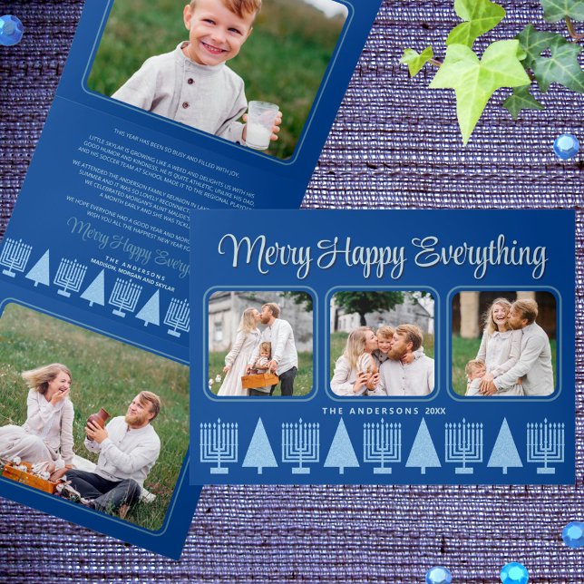 Merry Blue Intertrust Elegante Script 4 Foto Dreifach Gefaltete Urlaubskarte (Easy to personalize, these interfaith holiday tri-fold cards are great for interfaith families)