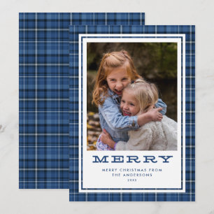 Merry Blue Kariert Single Foto Feiertagskarte