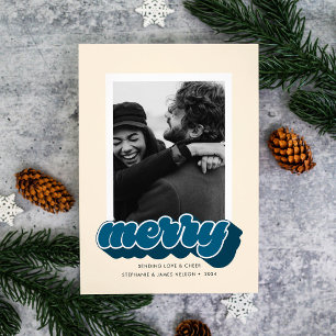 Merry Blue Retro Script Weihnachts-Foto Feiertagskarte