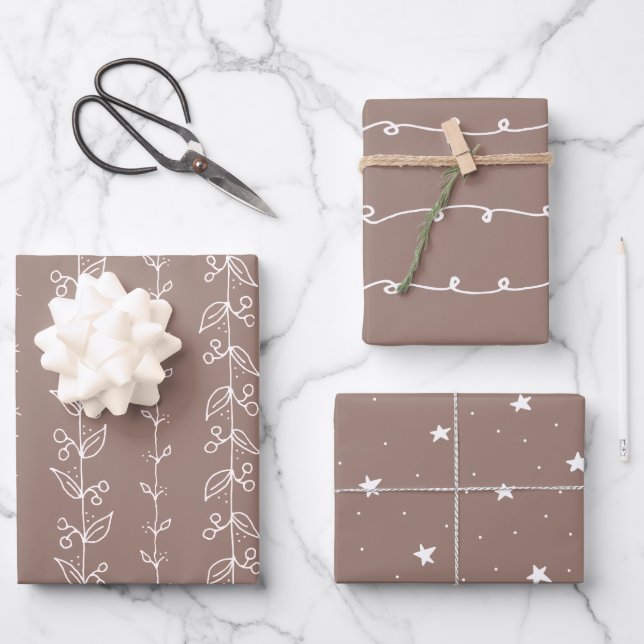 Merry Boho Brown Wrapping Paper Color #9C7F74 Geschenkpapier Set (Vorderseite)