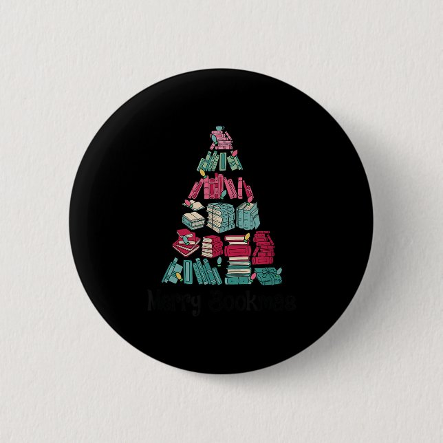 Merry Bookmas Books Ne Tree Funny Reading Lover Ch Button (Vorderseite)