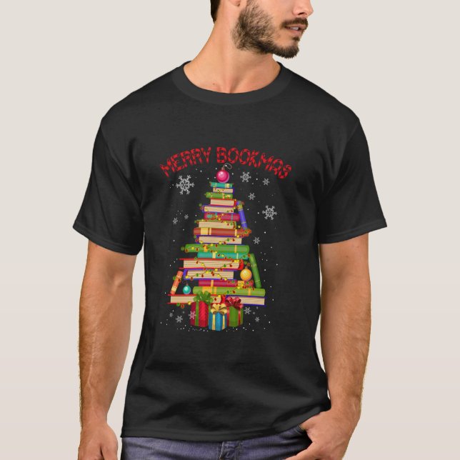 Merry Bookmas Books Pine Tree Funny Reading Lover T-Shirt (Vorderseite)