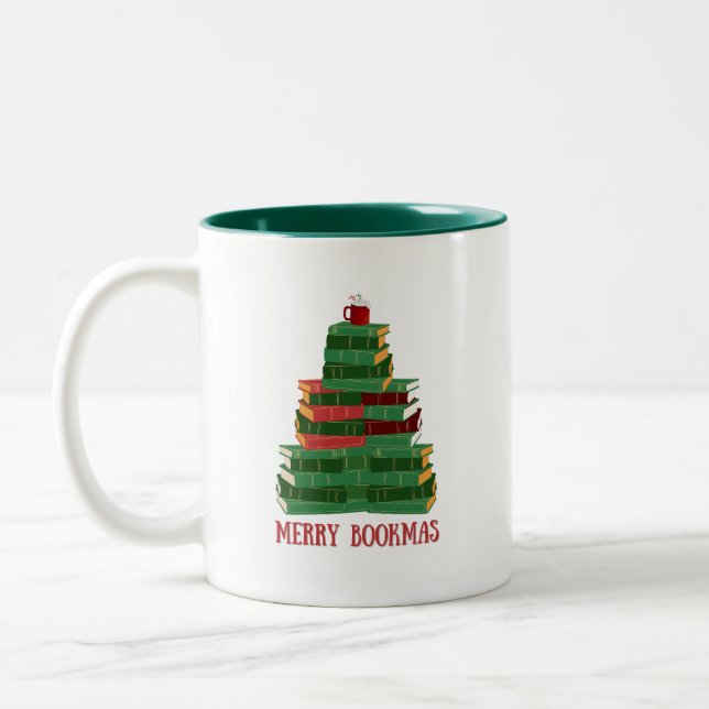 Merry Bookmas Buch Bäume Weihnachtsgeschenk Zweifarbige Tasse (Links)