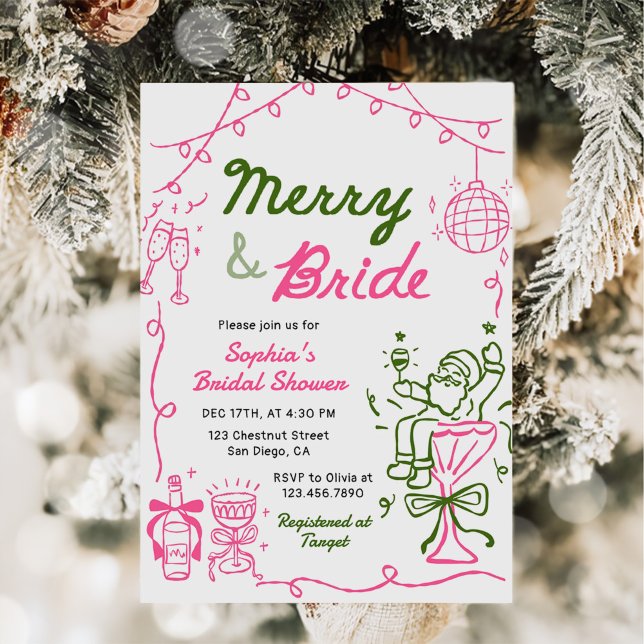Merry & Bride Hand Drawn Christmas Bridal Shower Einladung (Von Creator hochgeladen)