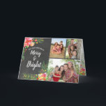 Merry Bright 3 Foto Chalkboard Weihnachten<br><div class="desc">Diese elegante und moderne, anpassbare Drei-Foto-Weihnachtskarte mit glänzenden Aquarellfarben und blühenden Blumenbildern bietet farbenfrohe Bilder von Rot, Grüntöne, Pinks, Orangen und Gelb auf einem Chalkboard-Hintergrund mit einem angesagten Chalk-Schrift. Diese Karte lässt sich leicht mit Ihren eigenen Fotos und Namen anpassen! Auch die Weihnachtsbotschaft kann individuell angepasst werden. Ein Zuckerrohr, Poinsettia,...</div>