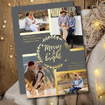Merry & Bright 4 Foto Collage Grau und Gold Folien Feiertagskarte<br><div class="desc">Personalisieren Sie diese vergoldete Weihnachtskarte mit vier Ihrer Lieblings-Fotos. Die Vorlage ist Set für Sie bereit, um Ihre vier Fotos und, es hat auch zwei Abschnitte für Ihre Grüße und Ihre Namen. Die Mitte der Karte hat einen Winterkranz mit der Formulierung "Merry and Bright" in einer modernen und schicken Farbpalette...</div>