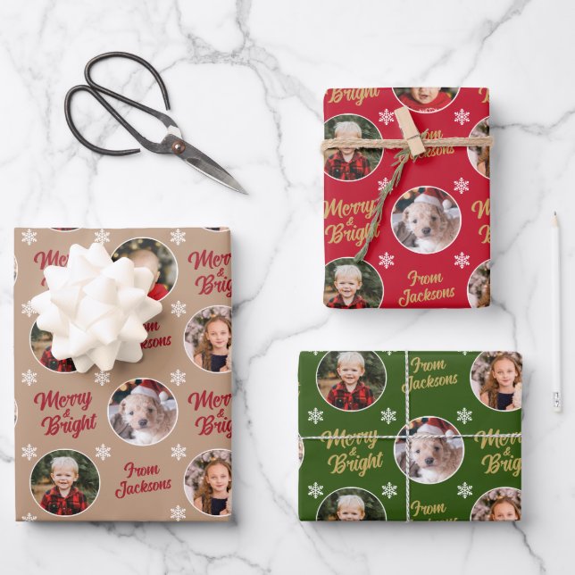 Merry & Bright 4 Fotos Moderne Weihnachten Geschenkpapier Set (Vorderseite)
