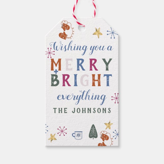 Merry & Bright Alles farbenfrohe Typografie Geschenkanhänger (Vorderseite)