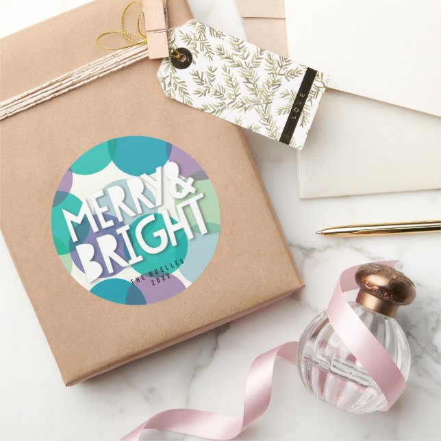 Merry & Bright Aquamarin Lila Confetti Dots Weihna Runder Aufkleber (Schenken)
