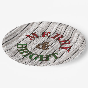 Merry & Bright auf wittertem Holzplanke-Muster Pappteller