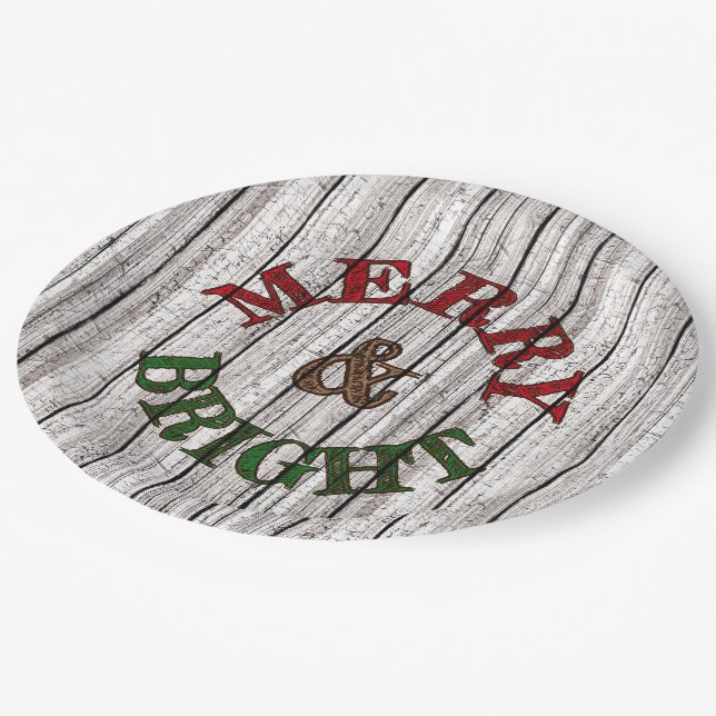 Merry & Bright auf wittertem Holzplanke-Muster Pappteller (Schrägansicht)