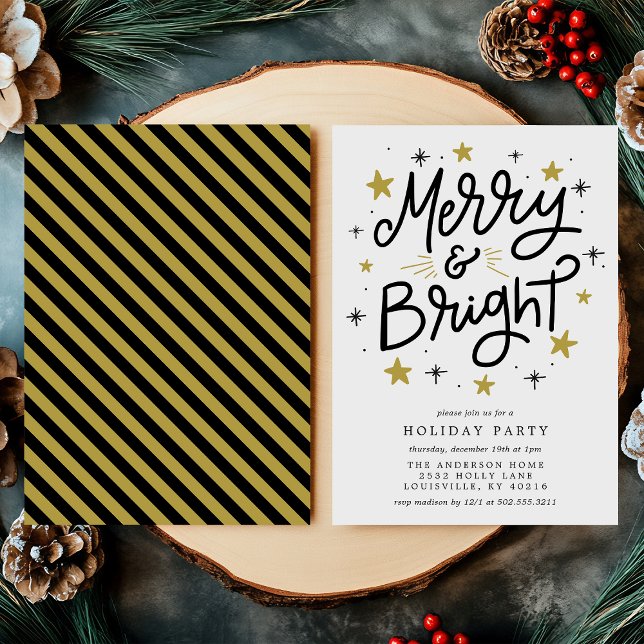 Merry & Bright Black and Gold Holiday Party Einladung (Von Creator hochgeladen)