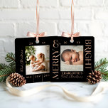 Merry & Bright Black Baby First Christmas Fotos Ornament Aus Metall<br><div class="desc">Feiern Sie mit dem Merry & Bright Pink Baby First Christmas Zwei-Foto-Ornament aus Moodthology Papery das erste Weihnachtsfest Ihres Babys. Dieses atemberaubende Ornament zeigt den Zauber dieses Meilensteins mit einer Kombination aus stilvollem Design und herzlicher Personalisierung. Auf der Vorderseite steht die fröhliche Botschaft "Merry & Bright" in fett gedruckter, moderner...</div>