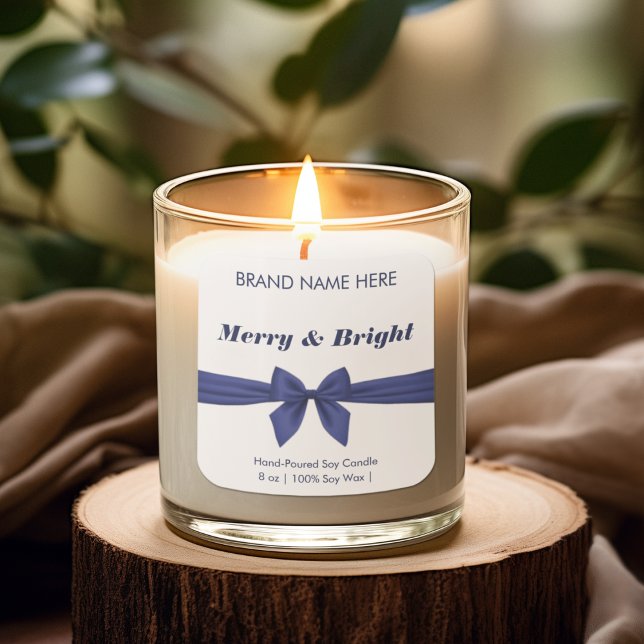 Merry & Bright | Blue Bow Modern Candle Labels Quadratischer Aufkleber (Von Creator hochgeladen)