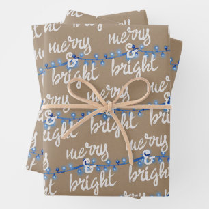 Merry & Bright Blue Christmas Tree Lights Kraft Geschenkpapier Set